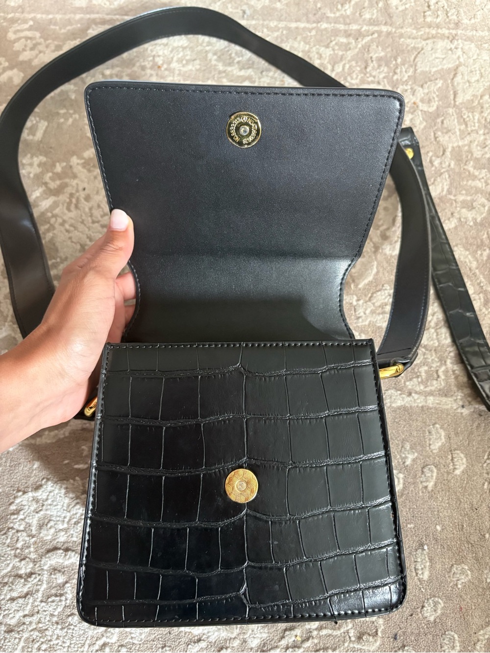 JW PEI Fae Black Croc-Embossed Mini Crossbody with Gold Accents and two handles - Picture 4 of 7